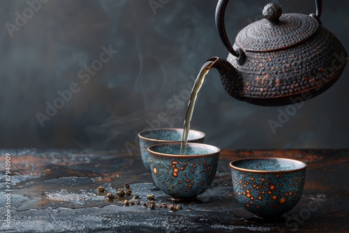 Traditional Asian tea set with iron teapot and ceramic cups pouring tea Dark background with space for text photo