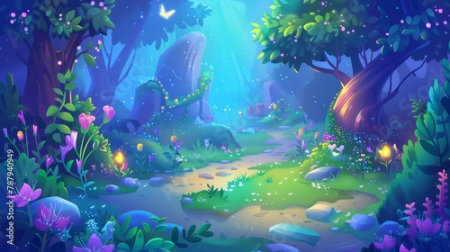 Mystic summer garden with a path, flowers, and firefly. Illustration of a cartoon forest landscape. Fantasy nature scene background. Beautiful mysterious forest scene.