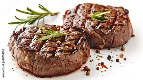 Grilled steak seasoned with spices and herbs on a white background. Perfect for culinary blogs and menus. High-quality food photography. AI