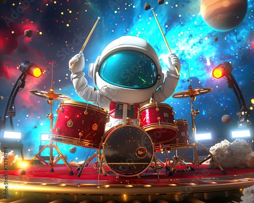 Capture a cosmic concert in CG 3D rendering - A futuristic space stage with a dazzling array of instruments floating in zero gravity, surrounded by mesmerizing nebulas and distant galaxies photo
