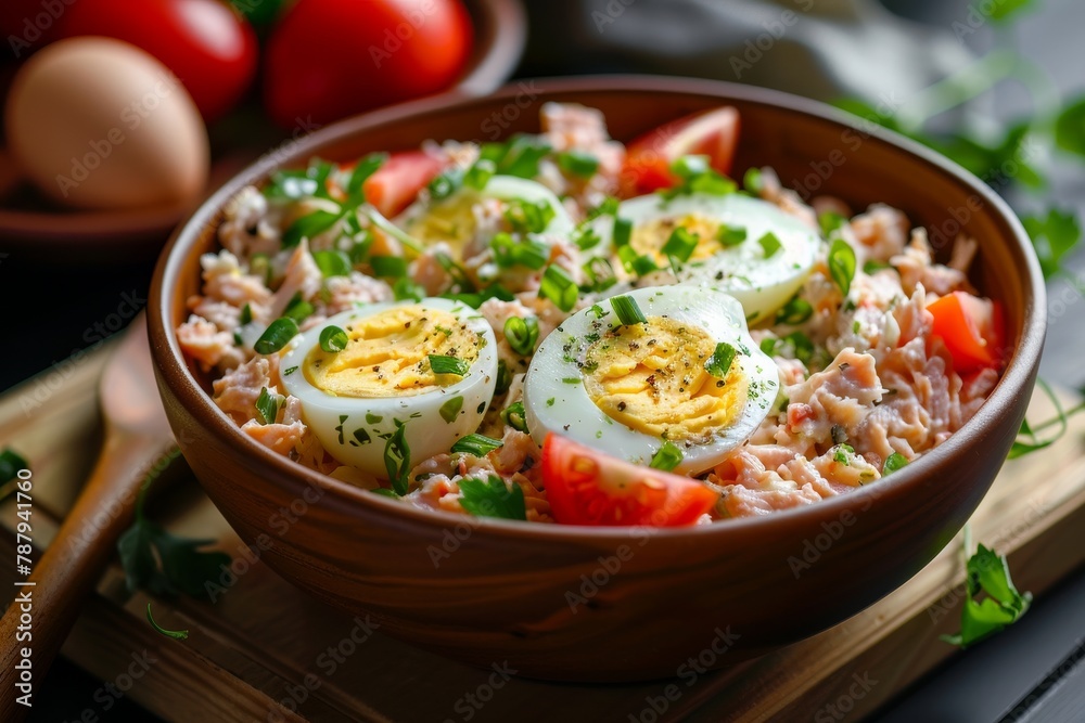 Tuna and egg salad in bowl Focus on eggs