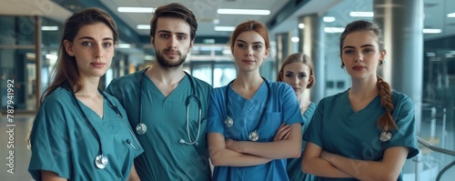 A trio of healthcare professionals in scrubs with stethoscopes in a hospital corridor