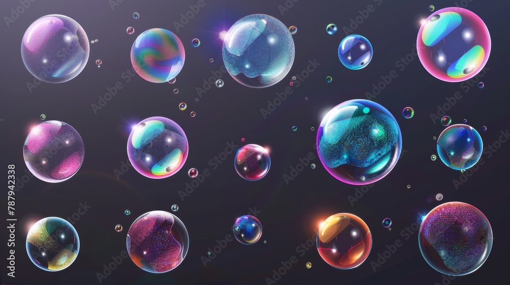 Bubble soap or balloon explodes in air animation sequence. 3D magic foam water with reflection sprite design. Isolated realistic sheet with rainbow shampoo ball explosions in air.