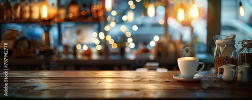 mug of coffee rests on a rustic wooden table in a warmly lit, inviting cafe atmosphere
