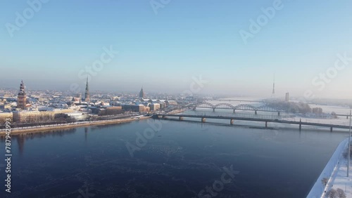 Aerial view of Bridges Riga crossing Daugava river photo