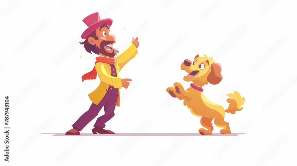 Set of cartoon circus performers with dogs. Carnival magician with dog in vintage costume. Pet trainer in creative retro costume stands near jumping dog.