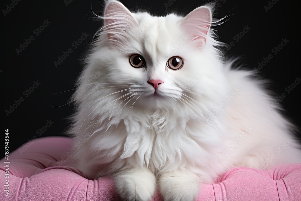 A majestic white cat is sitting gracefully on top of a plush pink cushion