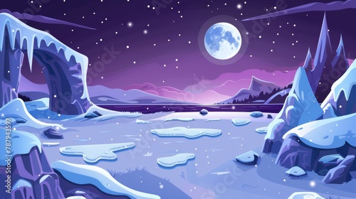 North pole modern landscape at night with a full moon. Cartoon illustration with frozen water and ice arch. Freeze lake and snowy hill outdoors in antarctica. photo