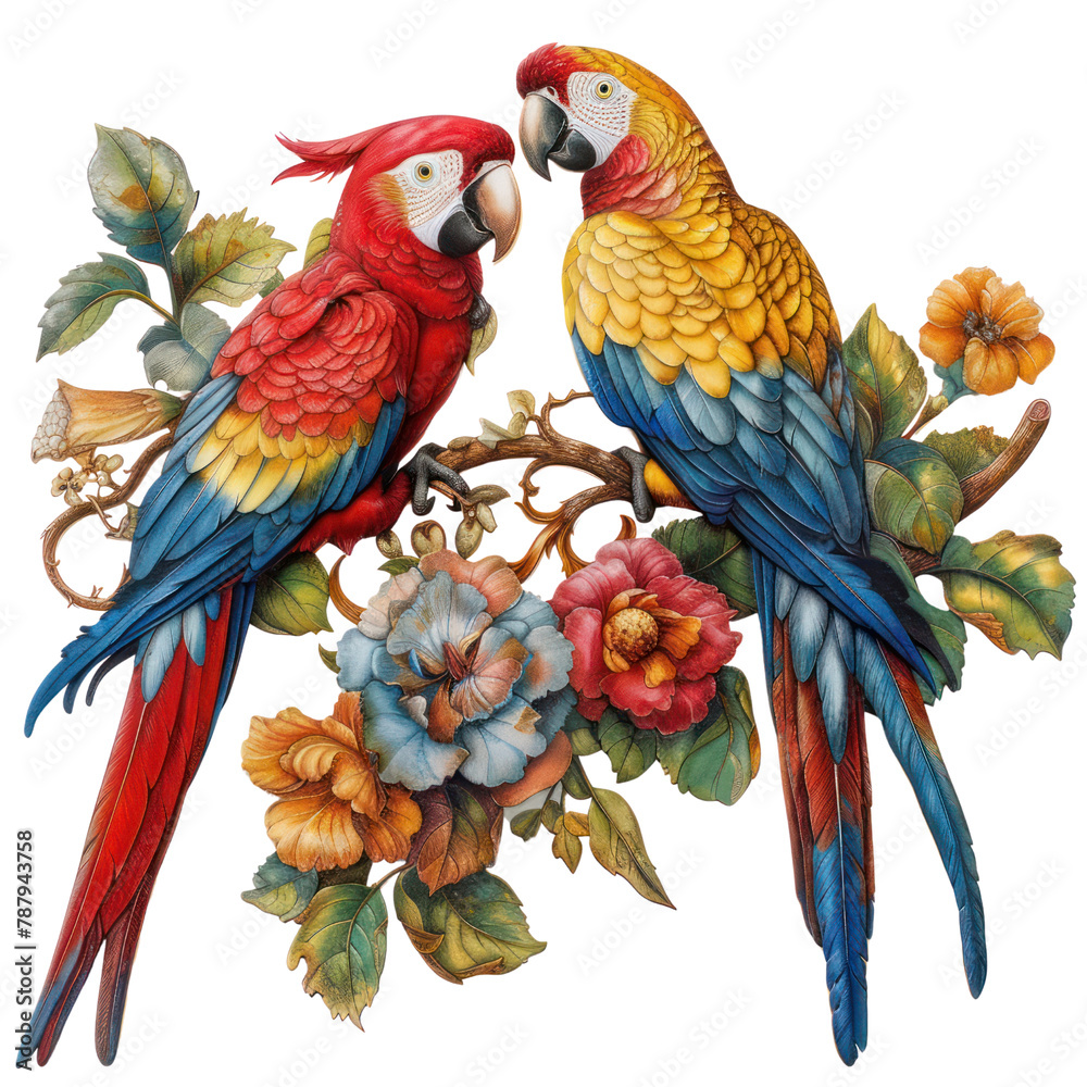 Obraz premium Parrots of Rococo Art isolated on transparent png.