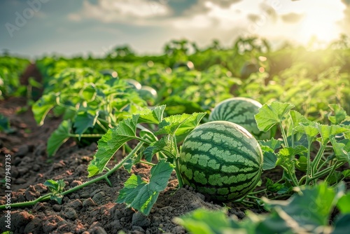 Watermelon grows on a green plantation in summer
