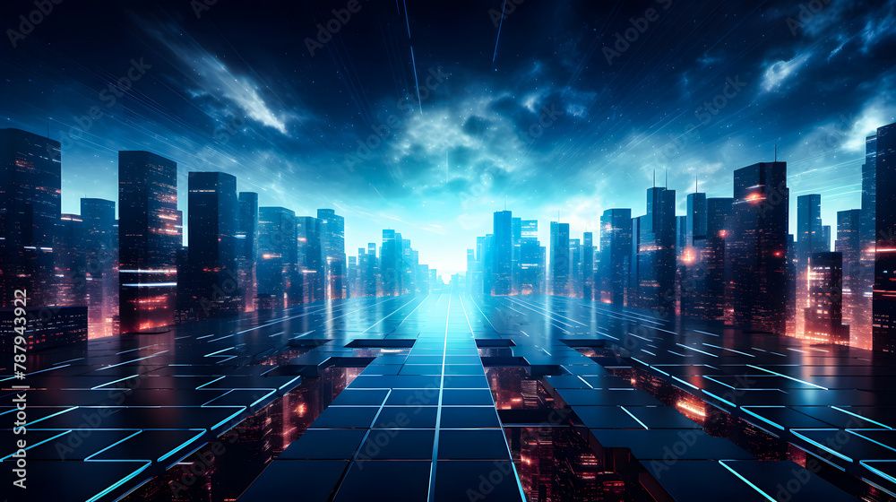Abstract digital high tech design for banner background. cityscape with space and neon light Abstract digital high tech design for banner background. cityscape with space and neon light