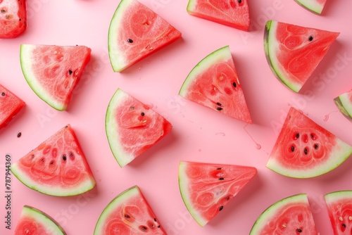 Watermelon slices on pink background flat lay