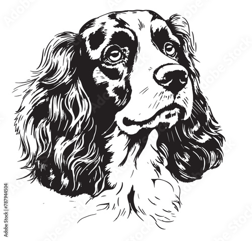A detailed black and white drawing of a Cocker Spaniel, a dog breed known for its working abilities. Its carnivorous nature and distinctive snout are captured beautifully in this artistic depiction