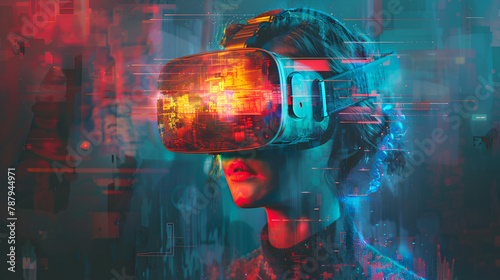 A woman wearing a VR headset futuristic virtual world digital art illustration, generative Ai