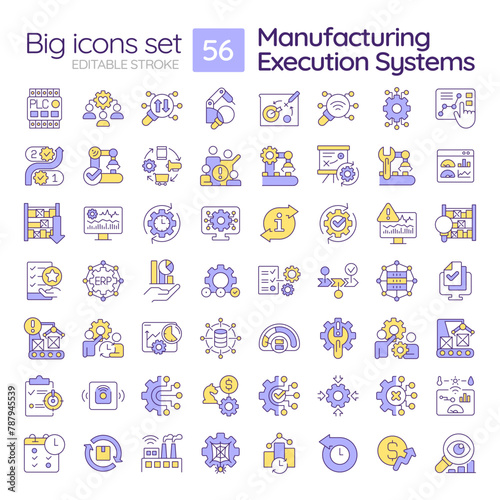 Manufacturing execution systems RGB color icons set. Production processes optimization. Material management. Isolated vector illustrations. Simple filled line drawings collection. Editable stroke