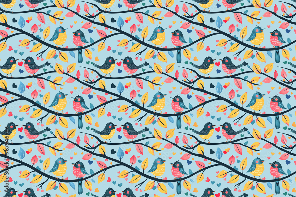 Colorful birds on branches with hearts and leaves pattern