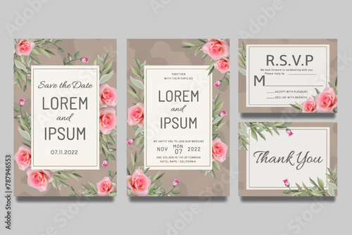 Wedding invitation template with pink roses and leaves