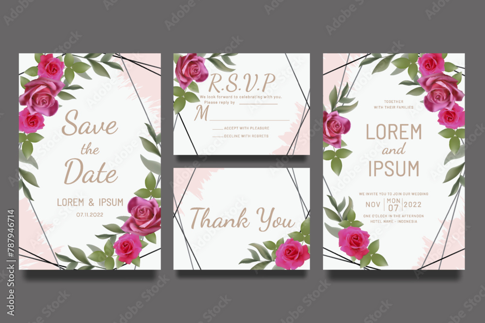 Wedding invitation template with pink roses and leaves Wedding invitation template with pink roses and leaves