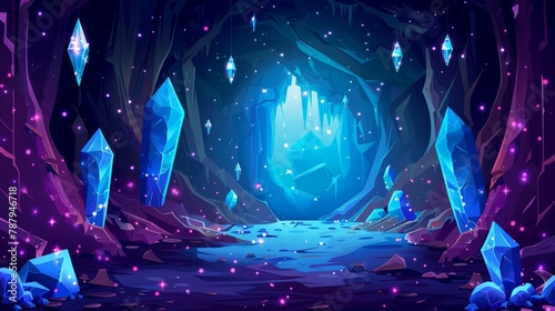 Cartoon illustration of a dark cave with blue gemstones on the walls. Cartoon illustration of an underground mine tunnel with sparkling diamond stones, rocky mineral stalactites in a dungeon, © Mark