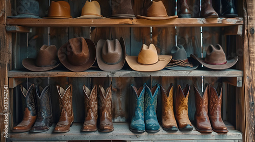 Wooden shelf with cowboy hats and boots, generative Ai