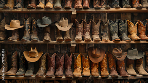 Wooden shelf with cowboy hats and boots, generative Ai