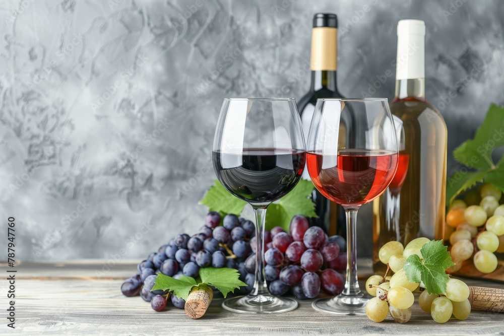 Obraz premium Wine glass with wine two bottles and grapes