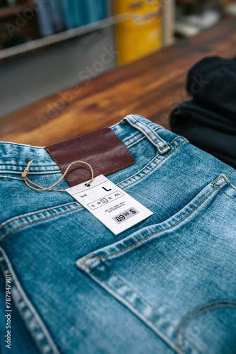 Close up of label with price and size over a blue jeans pants on industrial style store. Detail of organized apparel stacks over counter ready to sell on vintage clothes shop.