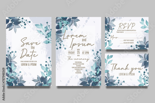 Wedding invitation template with blue leaves