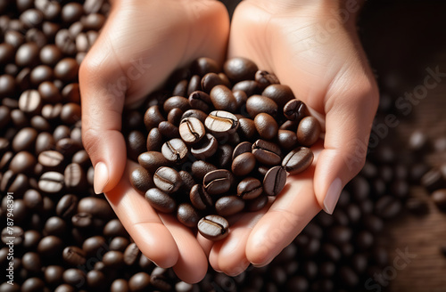 Roasted coffee beans in female hands