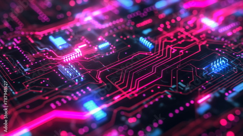 Close-up view of a detailed circuit board with illuminated red lines indicating electronic pathways