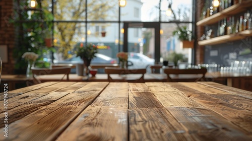 Empty wooden table space platform, blurry defocused restaurant interior.