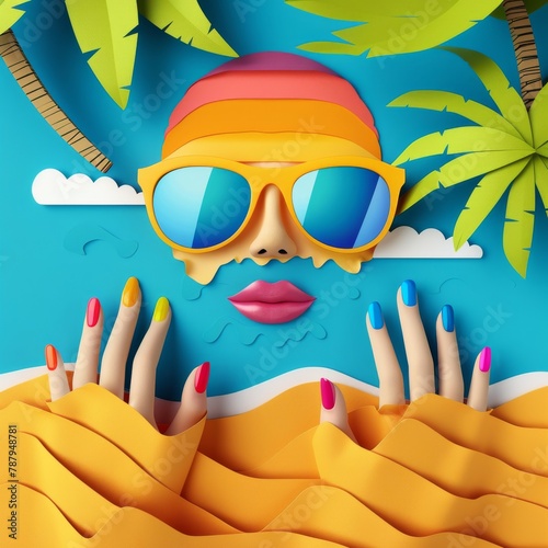 Happy beachgoer with colorful nail polish and sunglasses