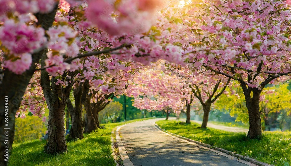 Naklejka premium Spring's Splendor: Sakura Cherry Blossom Alley, a Picturesque Park Lined with Rows of Blooming Trees