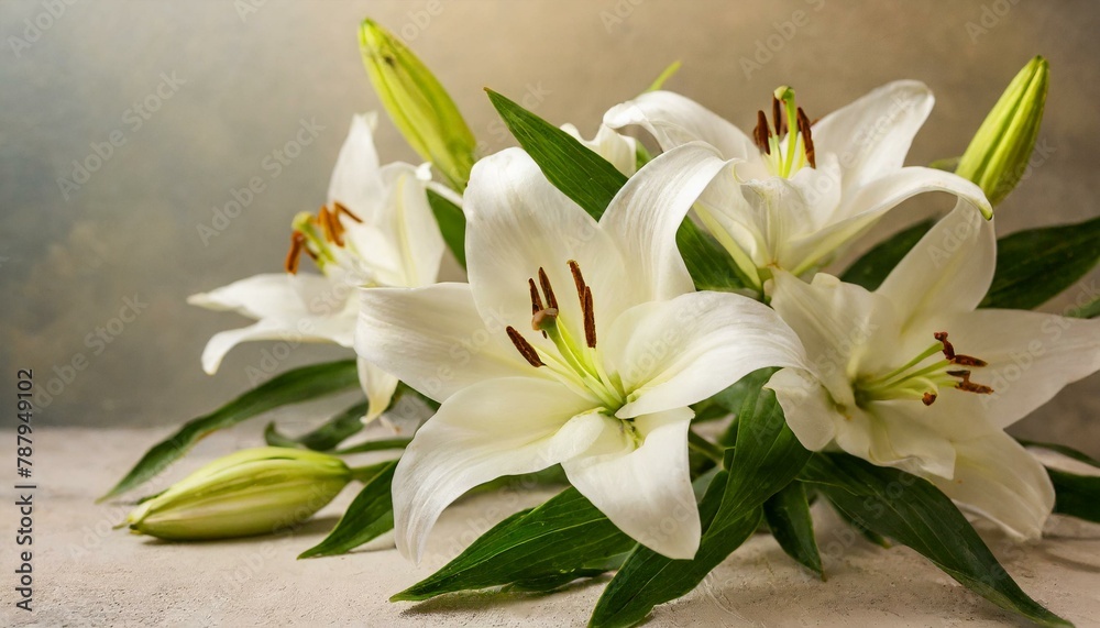 Ethereal Elegance: Close-up of White Lilies Symbolizing Gentleness, Purity, and Virtue on a Light Background