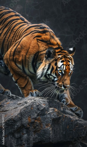 A large tiger gracefully strides across a rocky landscape