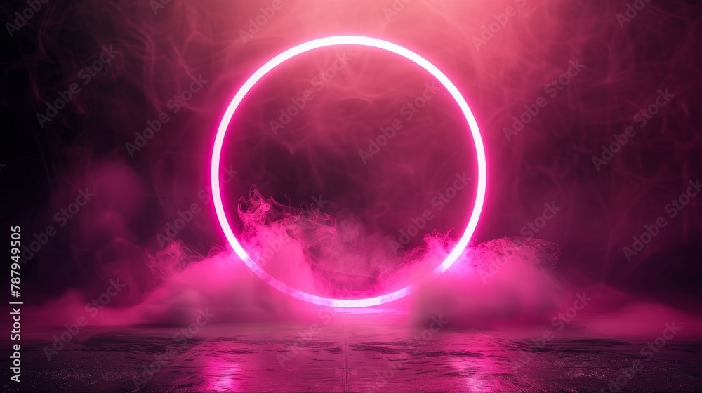 The design template is abstract glowing modern graphic banner with smoky cloud and laser round frame surrounded by pink neon light. Futuristic fog effect with led ring design template. The design template is abstract glowing modern graphic banner with smoky cloud and laser round frame surrounded by pink neon light. Futuristic fog effect with led ring design template.