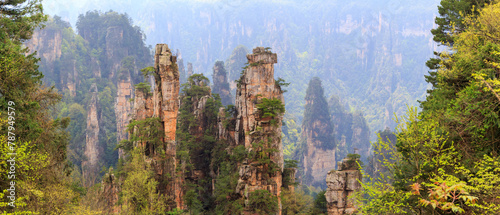 panoranic view of zhangjiajie national forest park Hunan, China.. a view from the top of the mountain. a view of the mountain covered with mist after the rain.