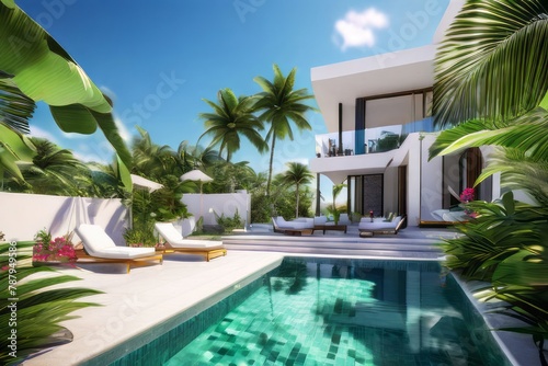 Palm Paradise: Serene poolside ambiance in a tropical villa, with rich green palms and a modern white staircase backdrop.