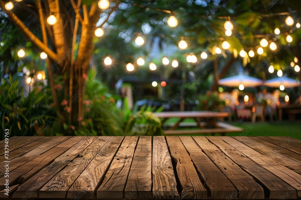 Wooden table in backyard at night with party blurred background Wooden table in backyard at night with party blurred background