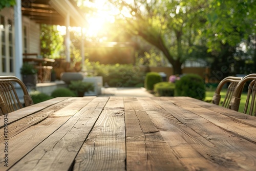 Wooden table with blurred outdoor dining area
