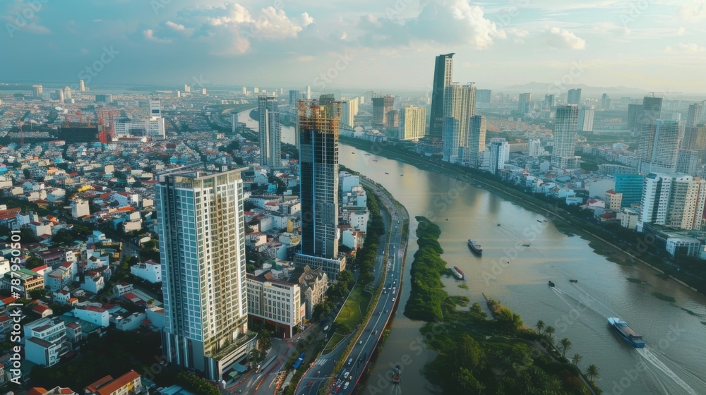 Fototapeta premium Aerial view of a beautiful skyscraper along the river light smooth down urban development near Ho Chi Minh City Vietnam