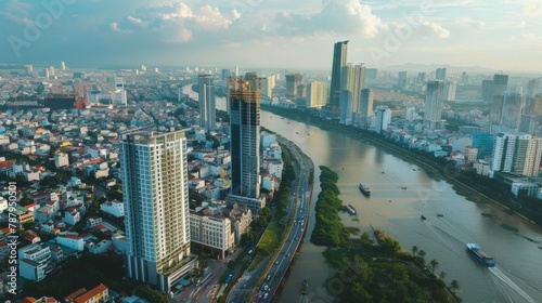 Aerial view of a beautiful skyscraper along the river light smooth down urban development near Ho Chi Minh City Vietnam