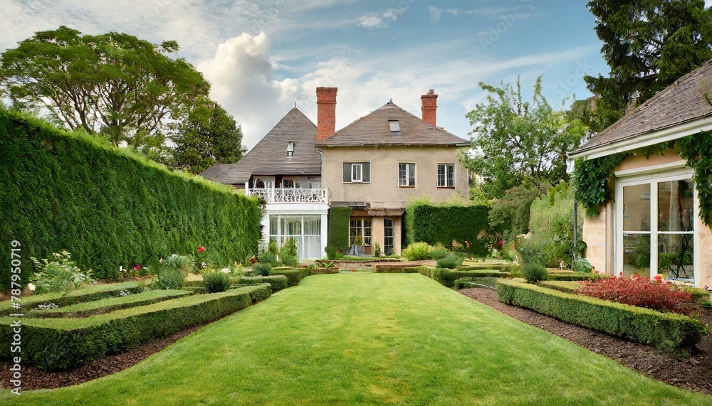 English Charm: A House with Hedges and a Sprawling Green Lawn for Elegant Gatherings