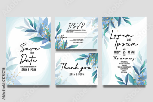 Wedding invitation template with blue leaves