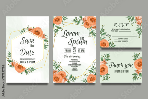 Wedding invitation template with roses and leaves