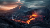 Volcano erupts, spewing lava and ash as dusk settles over the stark landscape