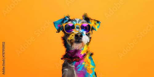 Cool dog with sunglasses on orange background. Generative ai design art concept.