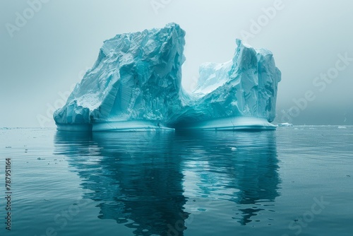 The image displays a peaceful yet imposing iceberg, its reflection mirrored perfectly on the foggy water surface © Larisa AI