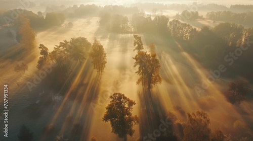 Airview light and shadows in mist. First rays of sun through fog and trees. Morning autumn landscape photo