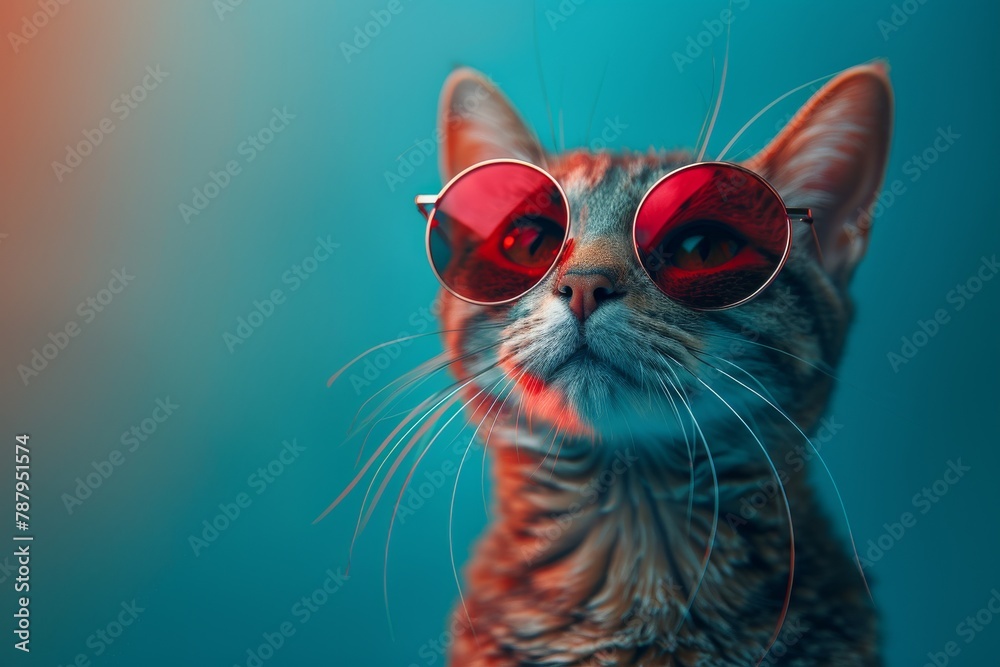 An elegant feline with a sophisticated air sports chic, round red sunglasses, exuding an aura of cool confidence